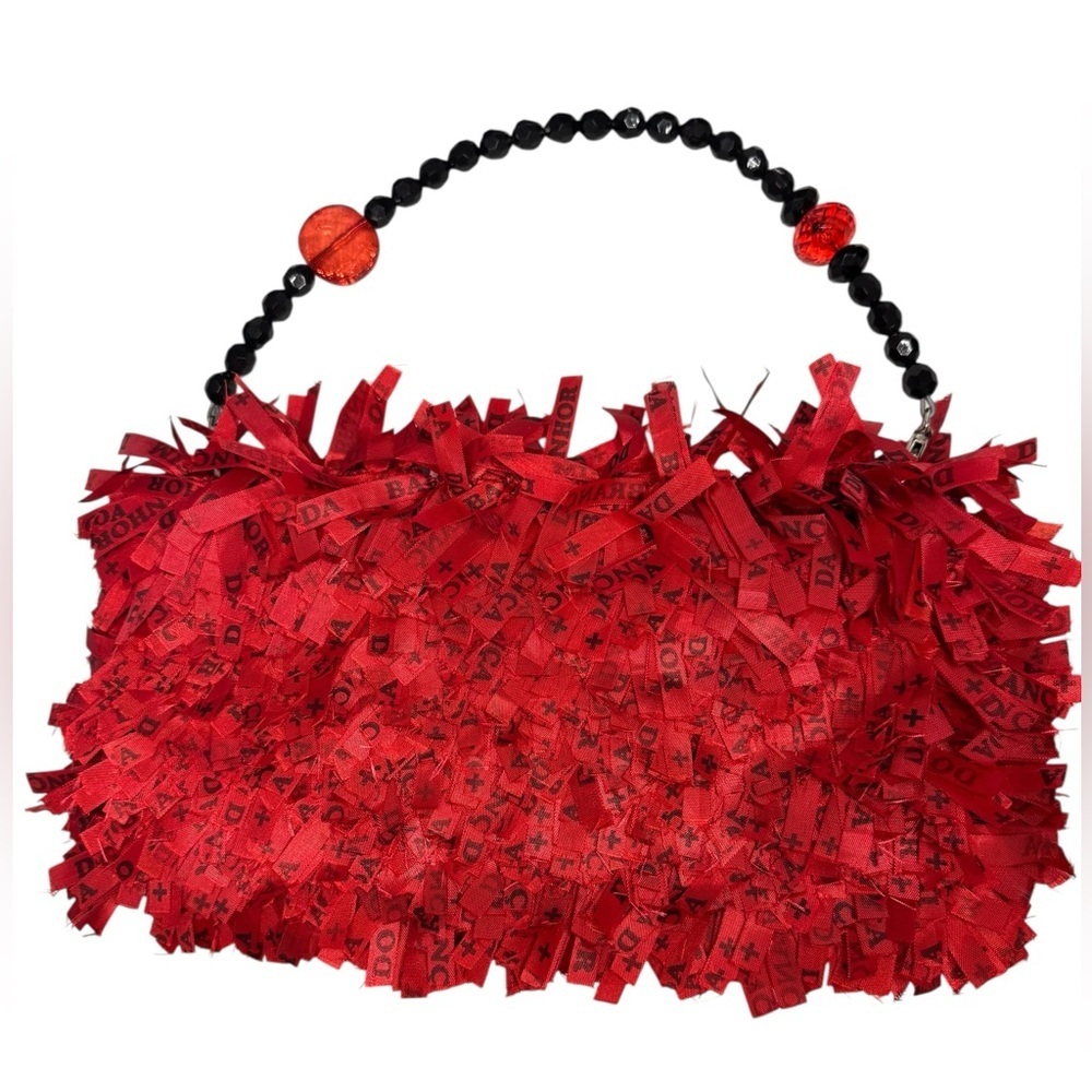 SitinBraSil (Silin)Authentic Handmade Red Ribbon Shaggy Fringe Bag Beaded Handle